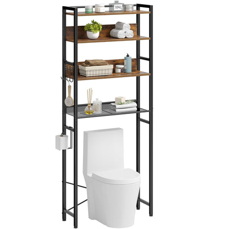 Rolanstar Over The Toilet Storage 4-Tier, Freestanding Bathroom Organizer, Sturdy Behind Toilet Rack with Hooks, Space-Saving Design, Fits Most Toilets, Rustic Brown Rolanstar