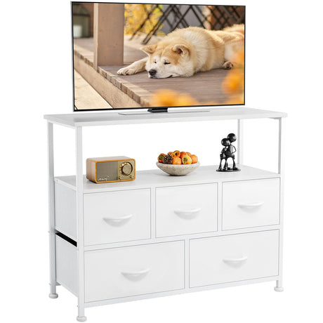 DUMOS TV Stand Dresser for Bedroom with 5 Fabric Drawer,Entertainment Center for 45 inch Television, Media Console Table with Storage, Open Shelf, Adjustable Feet, Living Room Furniture, White DUMOS