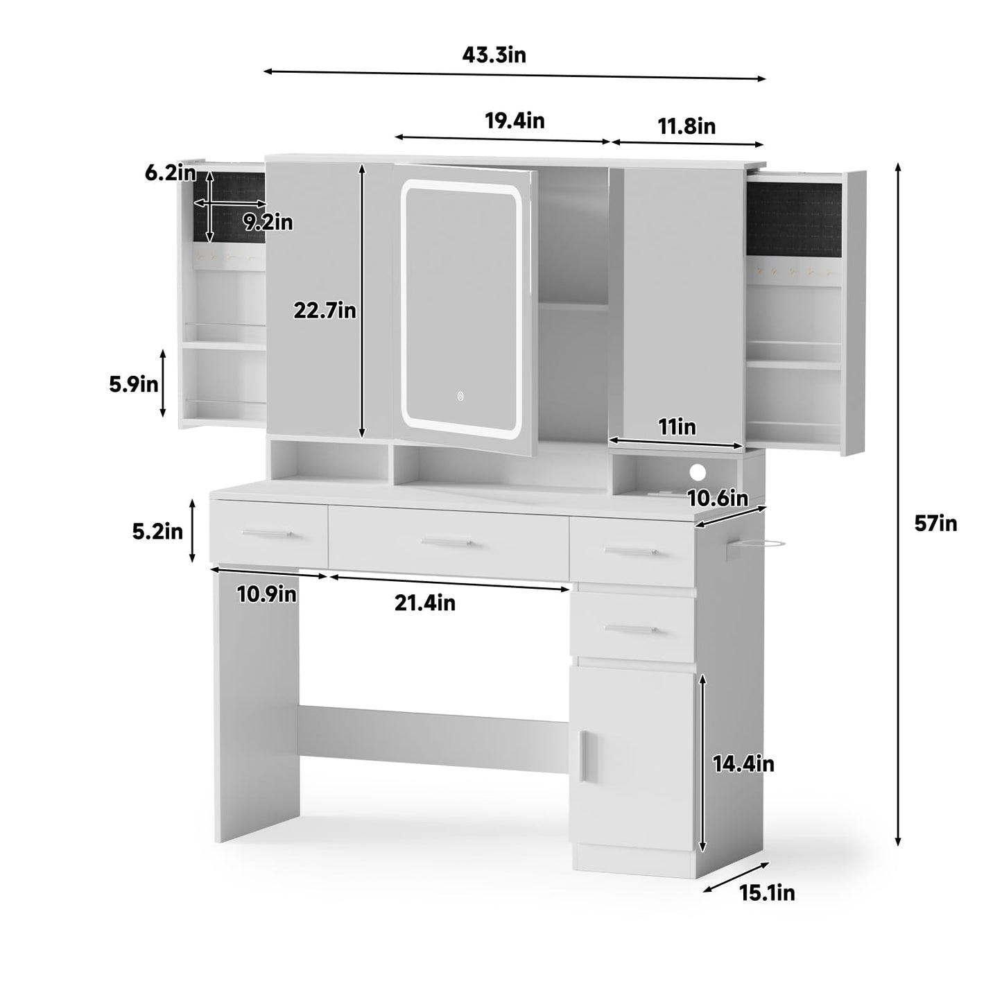 Fameill Vanity Desk, White Makeup Vanity Desk with Large Mirror and Lights, Vanity Table with Storage Drawers and Charging Stations, 2 Sliding Jewelry Cabinets, 3 LED Lighting Modes Adjustable