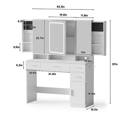 Fameill Vanity Desk, White Makeup Vanity Desk with Large Mirror and Lights, Vanity Table with Storage Drawers and Charging Stations, 2 Sliding Jewelry Cabinets, 3 LED Lighting Modes Adjustable