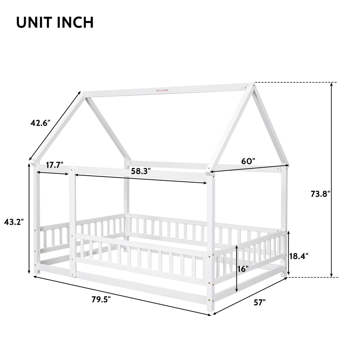 LLS Full Size White Montessori House Bed Frame with Roof and Safety Fence LLS