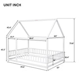 LLS Full Size White Montessori House Bed Frame with Roof and Safety Fence LLS
