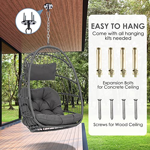 Hanging Egg Chair - Patio Rattan Wicker Swing Egg Chair Hammock Chair for Indoor Outdoor Bedroom Garden - Aluminum Steel Frame UV Resistant Cushion (Aluminum-Without Stand, Dark Grey)