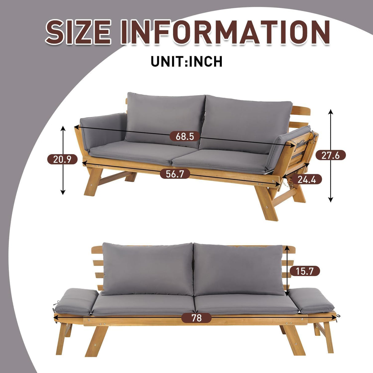 PayLessHere Outdoor Couch Patio Couch Daybed with Adjustable Armrest, Wooden Loveseat with Cushion and Pillow, and Expandable Plate PayLessHere
