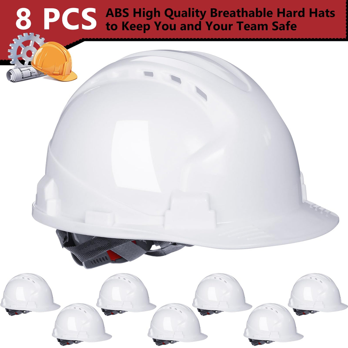 Leumoi 8 Pieces 4 Pt. Suspension Hard Hat Bulk Safety Helmets Adjustable Ratchet Hard Hats with Vents and Cotton Brow Pad ABS Construction Hardhats for Men Work Head Protection Supplies (White) Leumoi