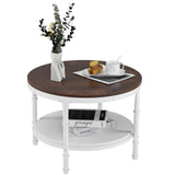 VINGLI 25.6" Rustic Oak White Round Farmhouse Coffee Table, 2-Tier Storage Wood Center Circle Accent Table for Living Room, Bedroom, Apartment, Studio and Small Spaces, Sturdy Metal Frame VINGLI