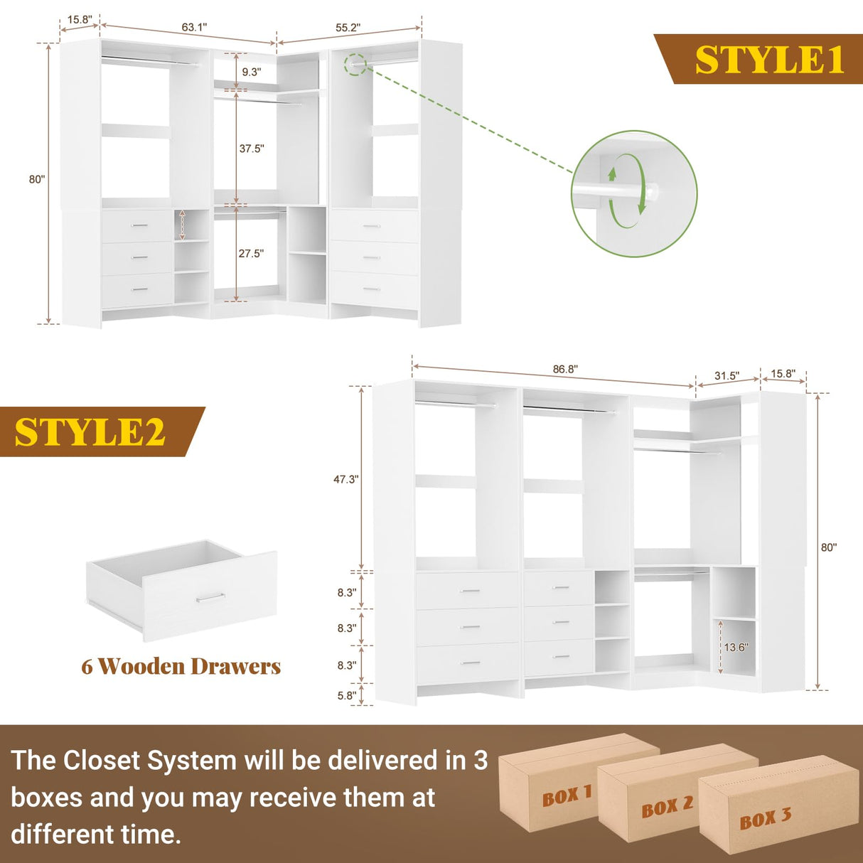 Aheaplus Closet System with 3 Sets, 86.8" Closet Organizer System with 6 Drawers & 4 Hanging Rods, L Shaped Walk-in Closets, Wardrobe Set, Corner Tower, Garment Rack Load 2000+LBS, -X1,White Aheaplus