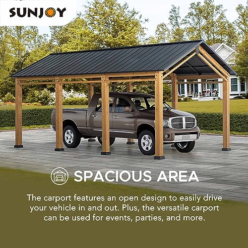 Sunjoy Carport 11 ft. x 20 ft. Wood Gazebo Heavy Duty Garage, Cedar Framed Gazebo Car Shelter with Metal Roof and Movable Ceiling Hook by AutoCove - WoodArtSupply