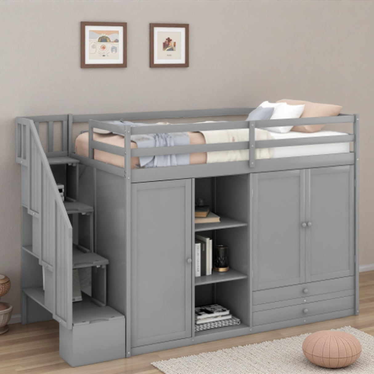 SOFTSEA Twin Loft Bed with Stairs & Wardrobe, Wood Twin High Loft Bed with Stairs and Storage, Space-Saving Multifunctional Furniture for Kids, No Box Spring Needed SOFTSEA