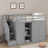 SOFTSEA Twin Loft Bed with Stairs & Wardrobe, Wood Twin High Loft Bed with Stairs and Storage, Space-Saving Multifunctional Furniture for Kids, No Box Spring Needed SOFTSEA