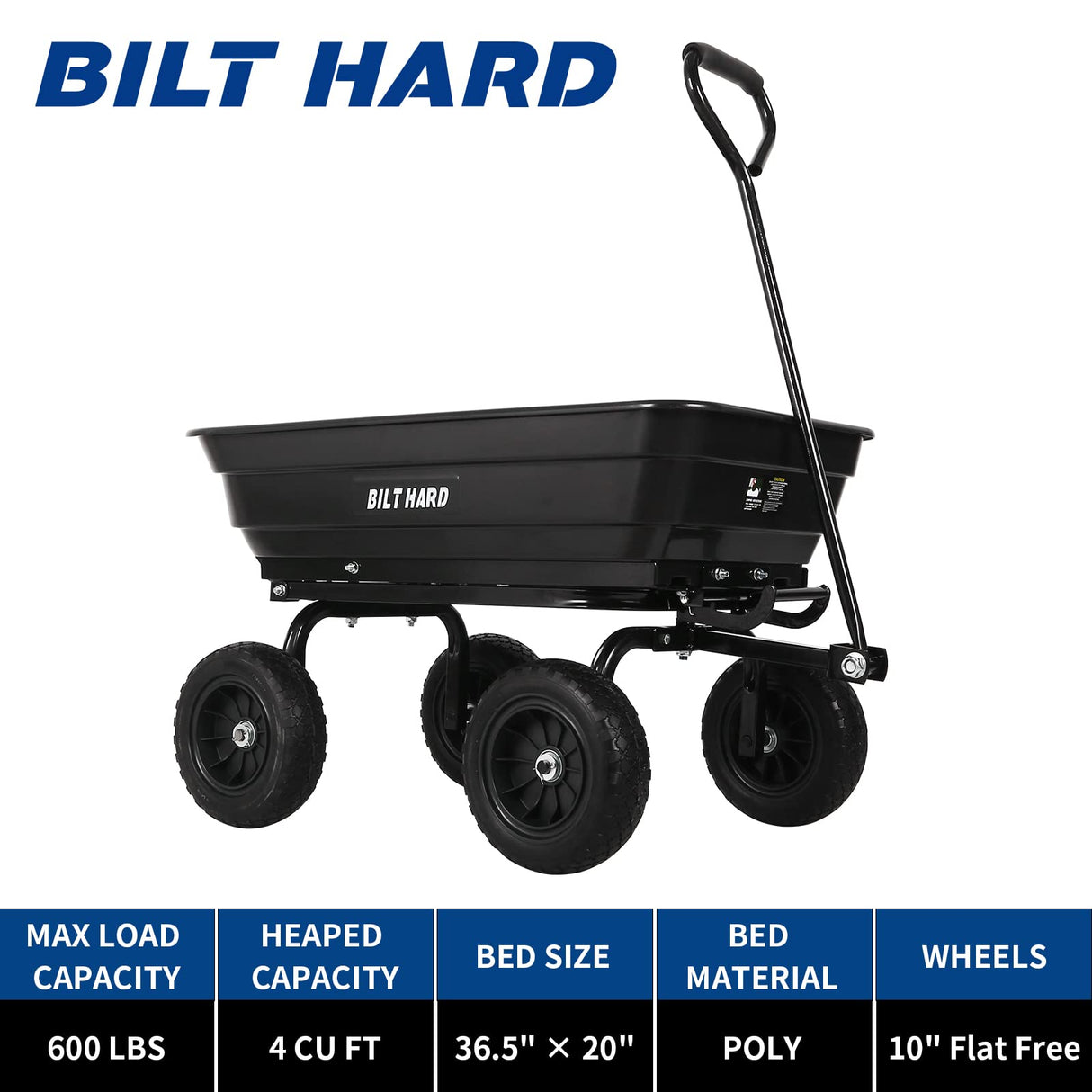 BILT HARD 4 Cu.Ft. 10" No-Flat Tires Poly Yard Dump Cart with 180° Rotating Handle, 600 lbs Capacity Heavy Duty Garden Carts and Wagons BILT HARD