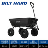 BILT HARD 4 Cu.Ft. 10" No-Flat Tires Poly Yard Dump Cart with 180° Rotating Handle, 600 lbs Capacity Heavy Duty Garden Carts and Wagons BILT HARD