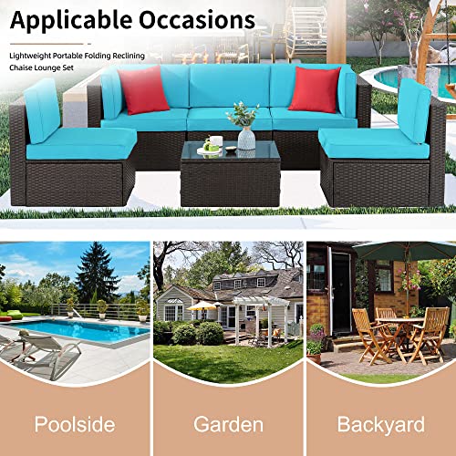 Shintenchi 6 Pieces Patio Furniture Sets Outdoor All-Weather Sectional Patio Sofa Set PE Rattan Manual Weaving Wicker Patio Conversation Set with Glass Table & Ottoman Cushion and Red Pillows, Blue Shintenchi