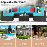 Shintenchi 6 Pieces Patio Furniture Sets Outdoor All-Weather Sectional Patio Sofa Set PE Rattan Manual Weaving Wicker Patio Conversation Set with Glass Table & Ottoman Cushion and Red Pillows, Blue Shintenchi