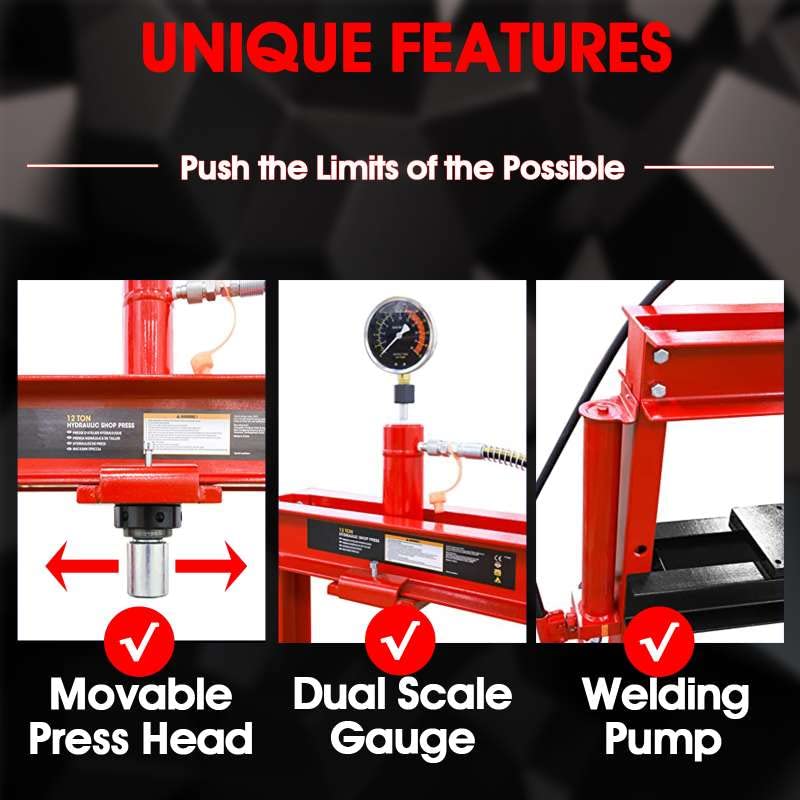 Torin ATY12001B Steel H-Shape Hydraulic Garage/Shop Benchtop Press with Stamping Plates, 12 Ton (24,000 lb) Capacity, Red - WoodArtSupply