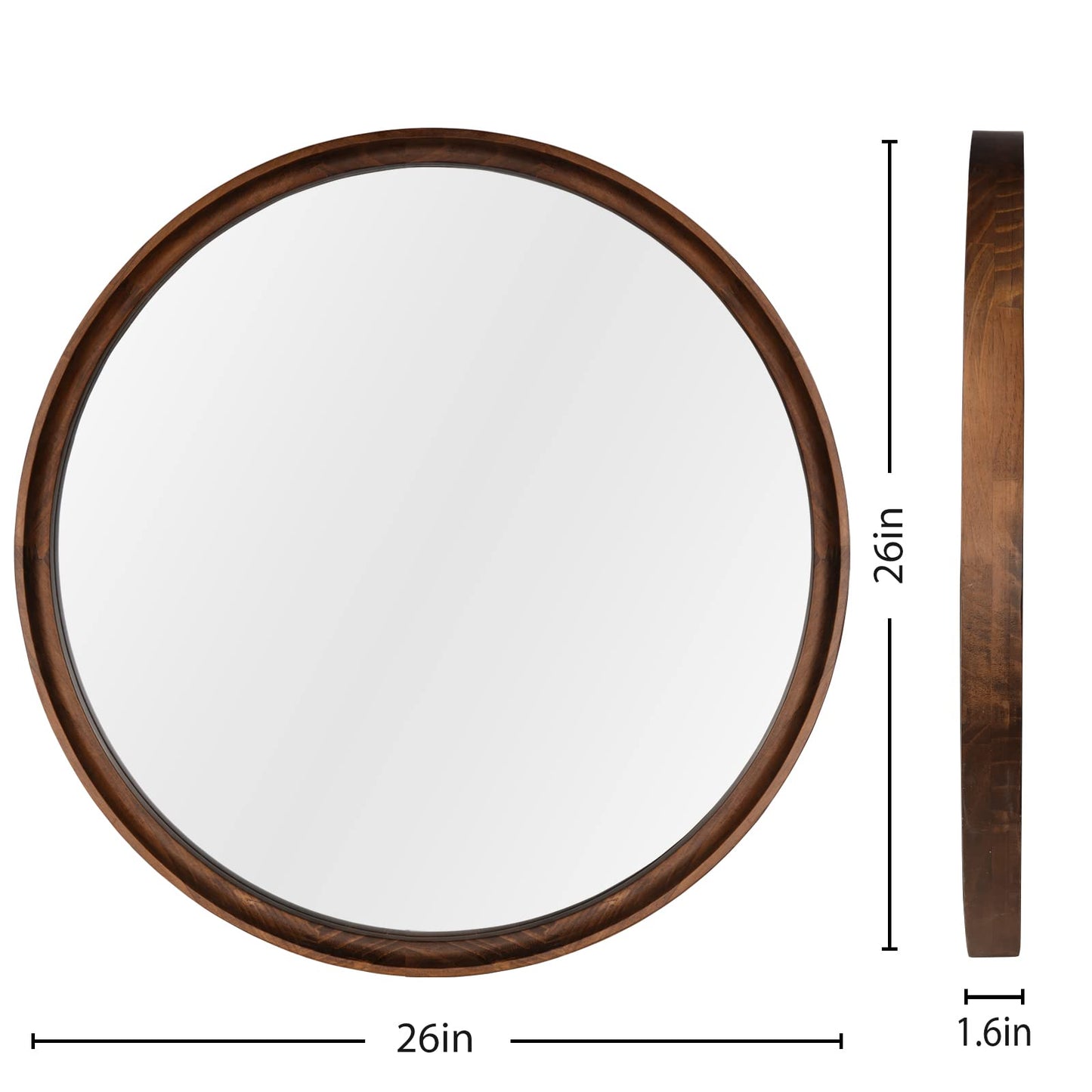 WallBeyond Round Mirror with Solid Real Wood Frame for Wall Decor, 26" Circle Wood Mirror Bathroom Wall Mirror for Living Room, Entryway and Bedroom,Brown - WoodArtSupply