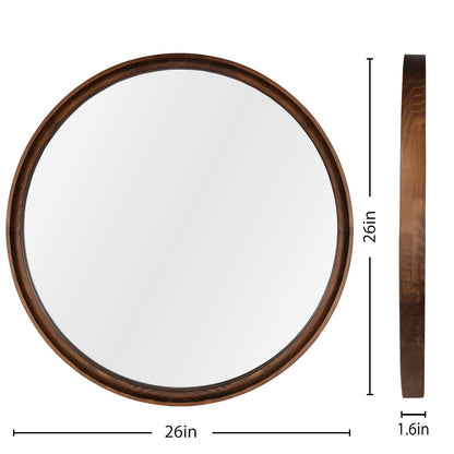 WallBeyond Round Mirror with Solid Real Wood Frame for Wall Decor, 26" Circle Wood Mirror Bathroom Wall Mirror for Living Room, Entryway and Bedroom,Brown - WoodArtSupply