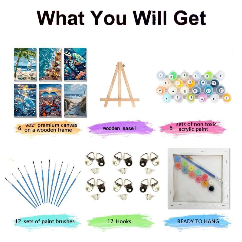 6 Pack Paint by Numbers Kits with Framed for Adults Beginners, Beach Paint by Number Kits on Canvas with Wooden Easel, DIY Acrylic Oil Painting Kits with Brushes for Home Wall Decor (8x12 inch) Mrnsiet