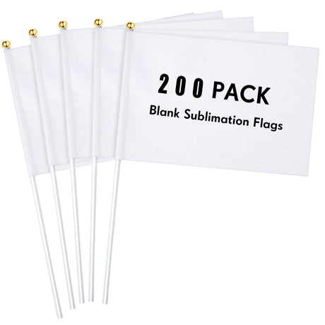 200 Pcs White Blank Sublimation Mini Flags Solid White Blank Flag Plain White DIY Color Small Flags on Sticks Hand Held Sublimation Flags Blank Flag for Parades Birthday Wedding Events Celebration Remerry