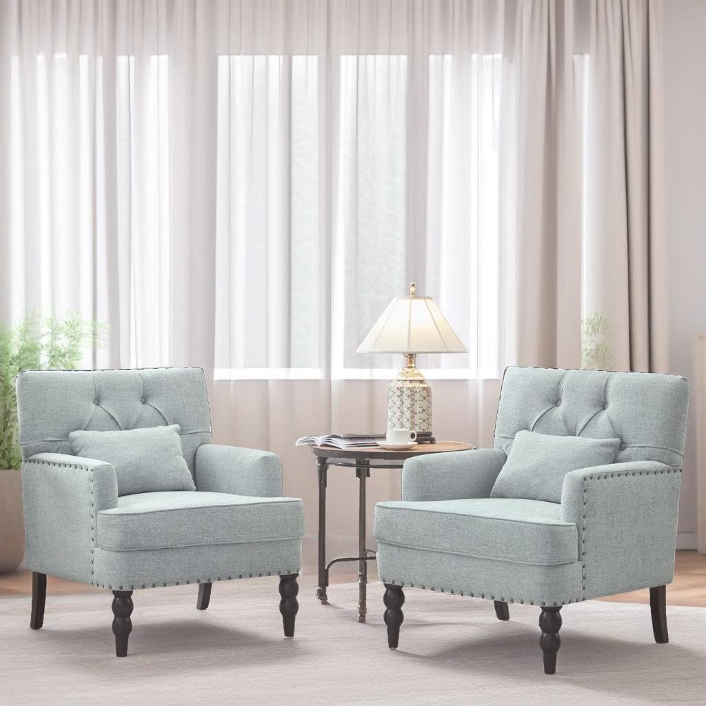 HUIMO Accent Chairs Set of 2, Tufted Club Chair Set of 2 with Lumbar Pillow,Upholstered Button Armchair, Linen Fabric Sofa Chairs for Bedroom, Living Room, Mid Century Modern Reading Chair,Light Blue HUIMO
