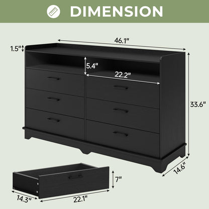 Hasuit 6 Drawers Dresser for Bedroom, Modern Chests of Drawers, Black Double Dresser with Drawers and Cubby, 14.6" D x 46.1" W x 33.6" H - WoodArtSupply