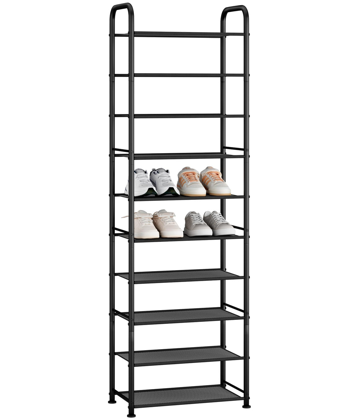 STORAGE MANIAC 10-Tier Tall Shoe Rack, 20 Pairs Narrow Slim Shoe Shelf, Metal Frame Shoes Stand for Small Space, Space-Saving Shoes Organizer, Vertical Shoes Tower for Garage, Entryway, Closet, Dorm STORAGE MANIAC