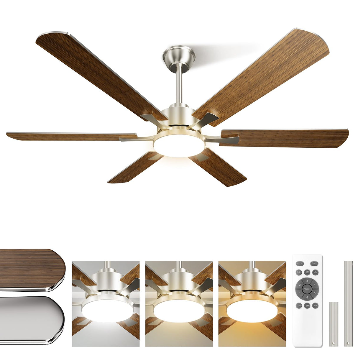 Hisummer 52 inch Modern Ceiling Fan with Light and Remote, Large Farmhouse Ceiling Fan with Lights, Silver White Ceiling Fan with Light for Bedroom Living Room Kitchen Garage, 6 Blade, 6 Speeds Hisummer