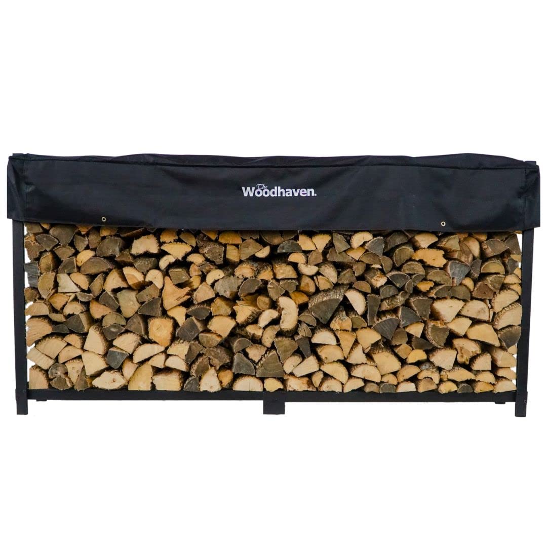 Woodhaven 8 Foot 1/2 Cord Firewood Log Rack With Optional Cover - Made In USA - Outdoor Use Lifetime Structural Warranty - Black Texture Powder Coat Finish - Made With Heavy Duty Steel Woodhaven