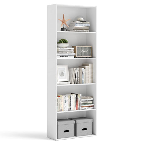 Tangkula 5-Shelf Bookcase, 23.5''L x 9.5''W x 67''H, Multi-Functional Wood Storage Display Open Bookshelf for Home Office (White) Tangkula