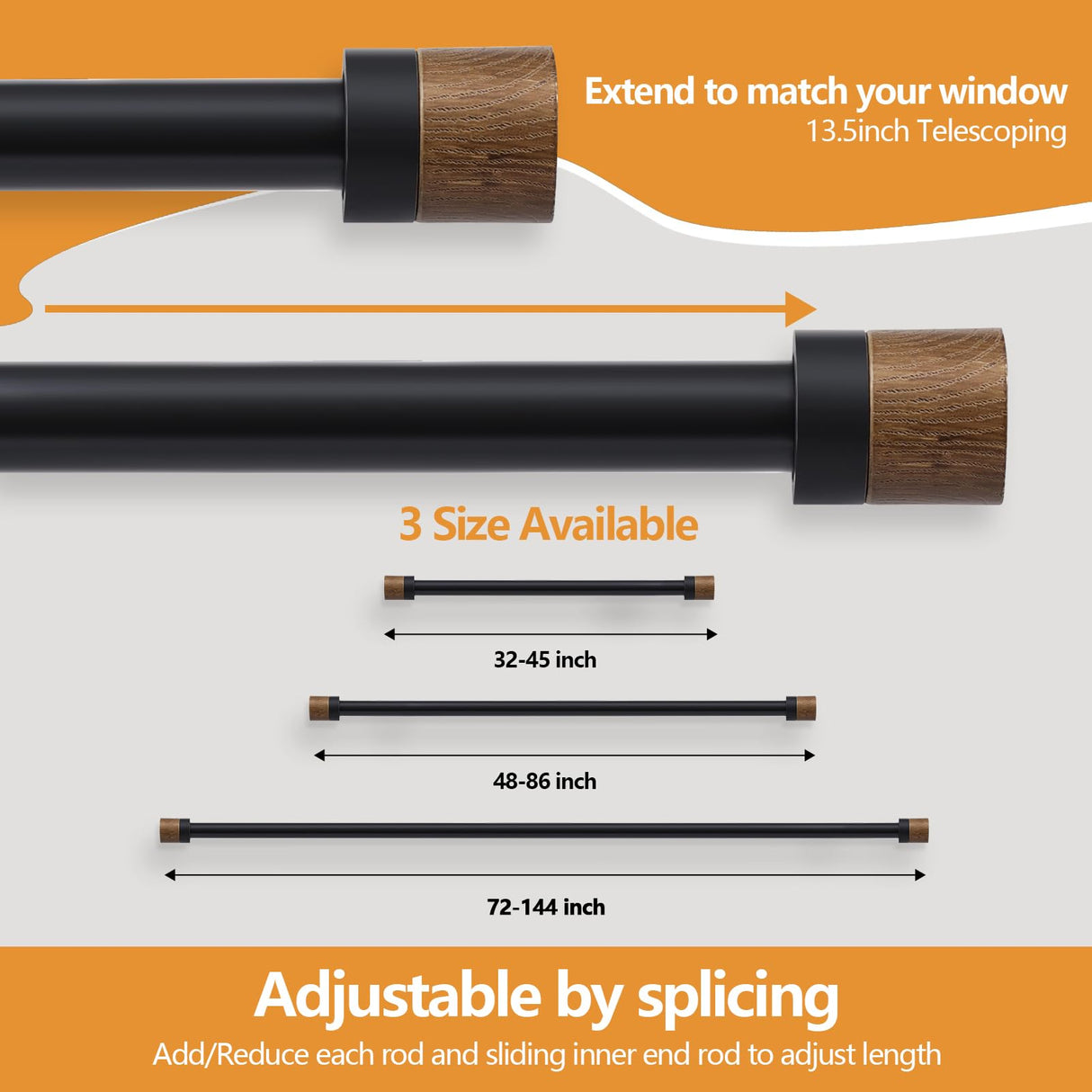 Wood Curtain Rods for Windows 48 to 84 Inches(4-7ft),1 inch Adjustable Window Curtain Rods with Imitation Wood Grain Finials,Heavy Duty Decorative Drapery Rod for Bedroom,Kitchen and patio QITERI