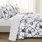 Lush Decor Scandinavian Floral Quilt Queen Size Reversible 3 Piece Set Full/Queen Navy & White - Floral Bedding Set Queen Quilt - White Bedding Lush Decor