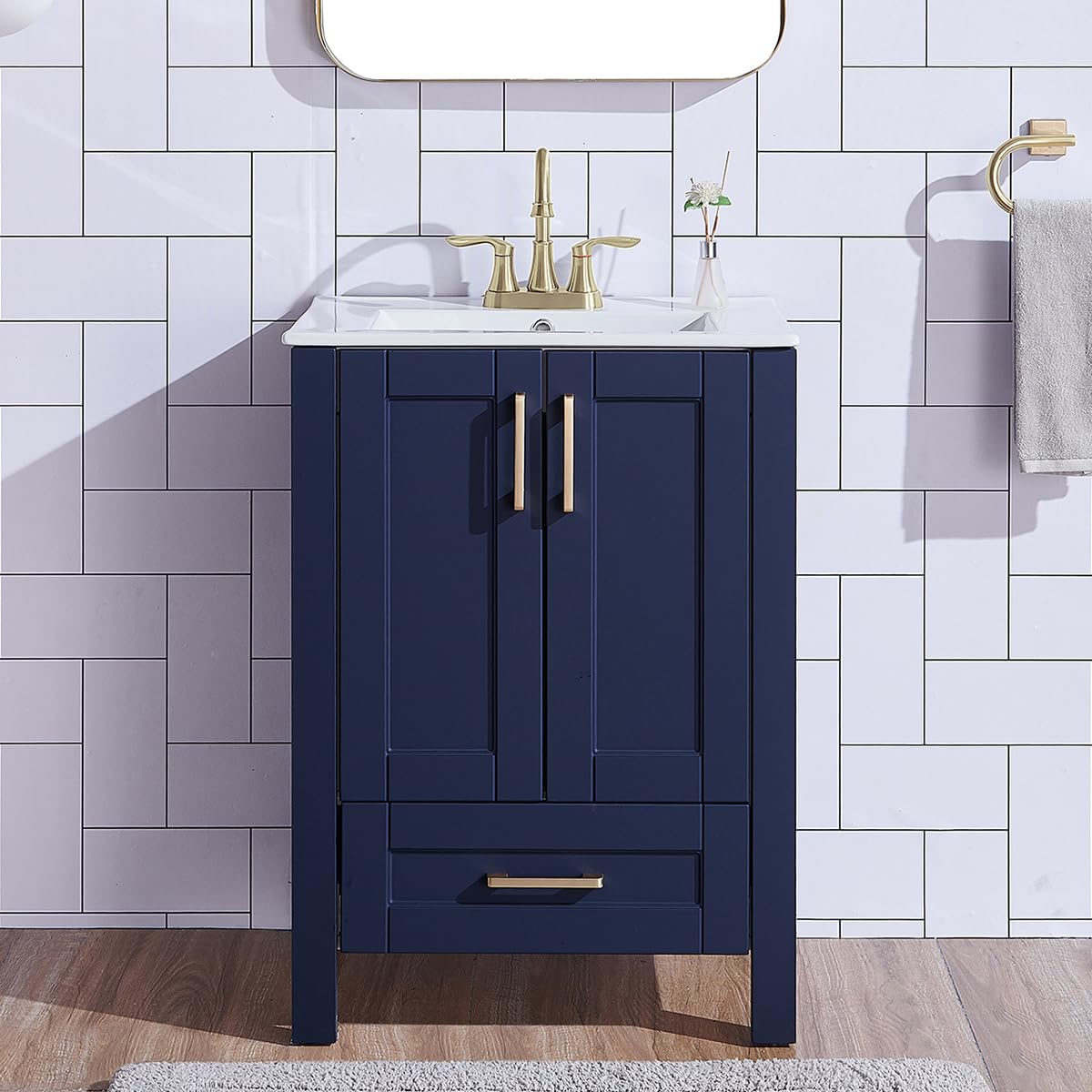 Wenore Home 24 Inch Bathroom Vanity with Sink, Blue Bathroom Vanity Sink Set, Modern Bathroom Sink Cabinet Combo, Small Bath Vanity with White Three Hole Ceramic Sink Wenore Home