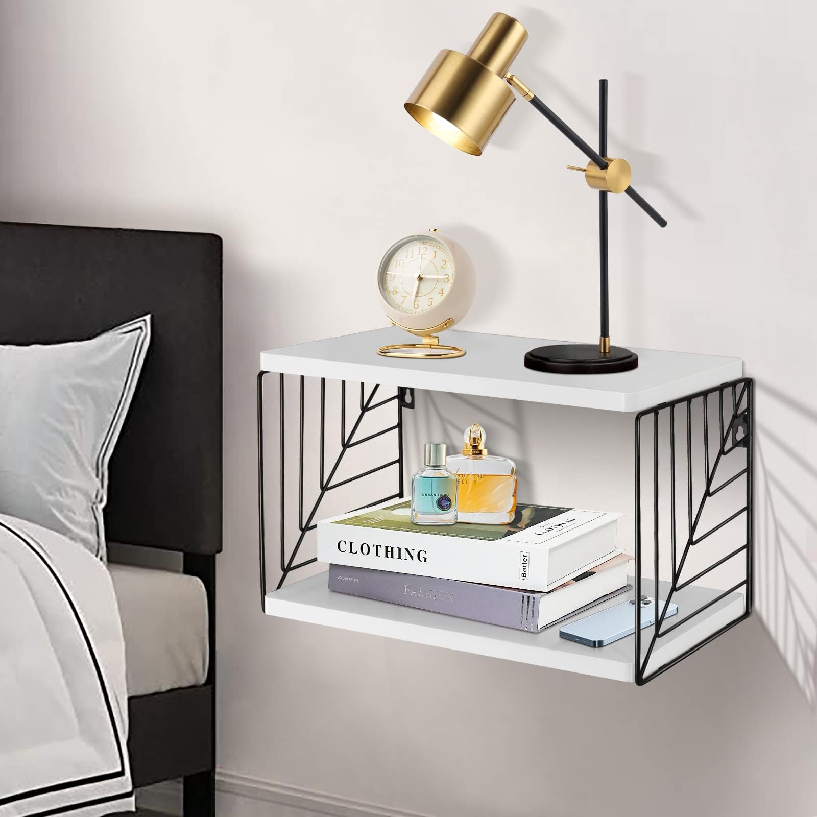 Floating Bedside Table Floating Nightstand Bedside Shelf Wall Mounted Nightstand 2 Tier Floating Wall Shelf Beside Table Floating Shelves for Wall in Bedroom Living Room Bathroom Kitchen Offi - WoodArtSupply