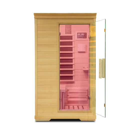 1-Person Far Infrared Home Sauna, Side-Opening Hemlock Wooden Indoor Mini Sauna 1050W Constant Temperature Control Personal Dry Sauna Home Spa,Time and Temp Pre-Set，Valentine's Day