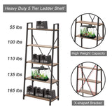 BON AUGURE Industrial 5 Tier Ladder Bookshelf, Wood and Metal Ladder Shelf Bookcase, Farmhouse Leaning Shelves for Living Room (Vintage Oak) BON AUGURE