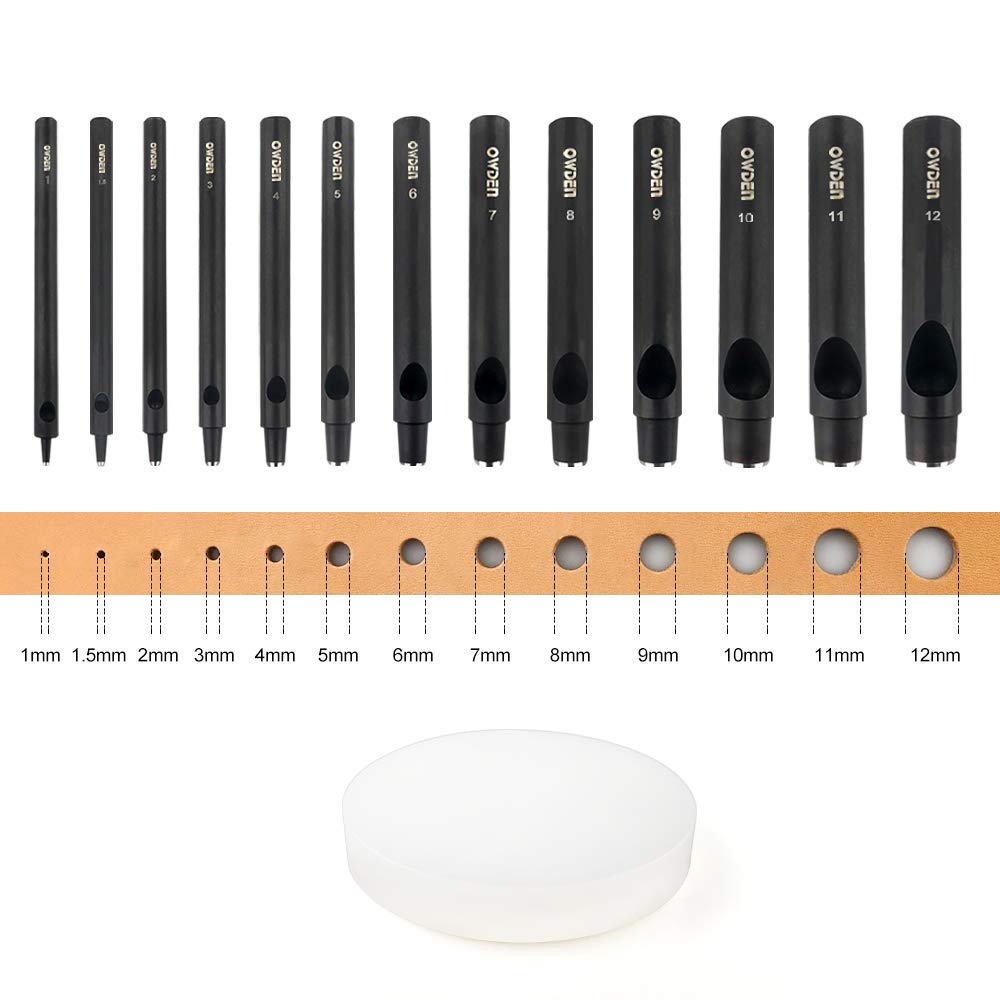 OWDEN Professional 13 Pc Leather Hole Punch Set (Slim Style) 1.0-12MM for Belt, Watch Band & Strap Gasket. Includes Free 3" Nylon Mat OWDEN