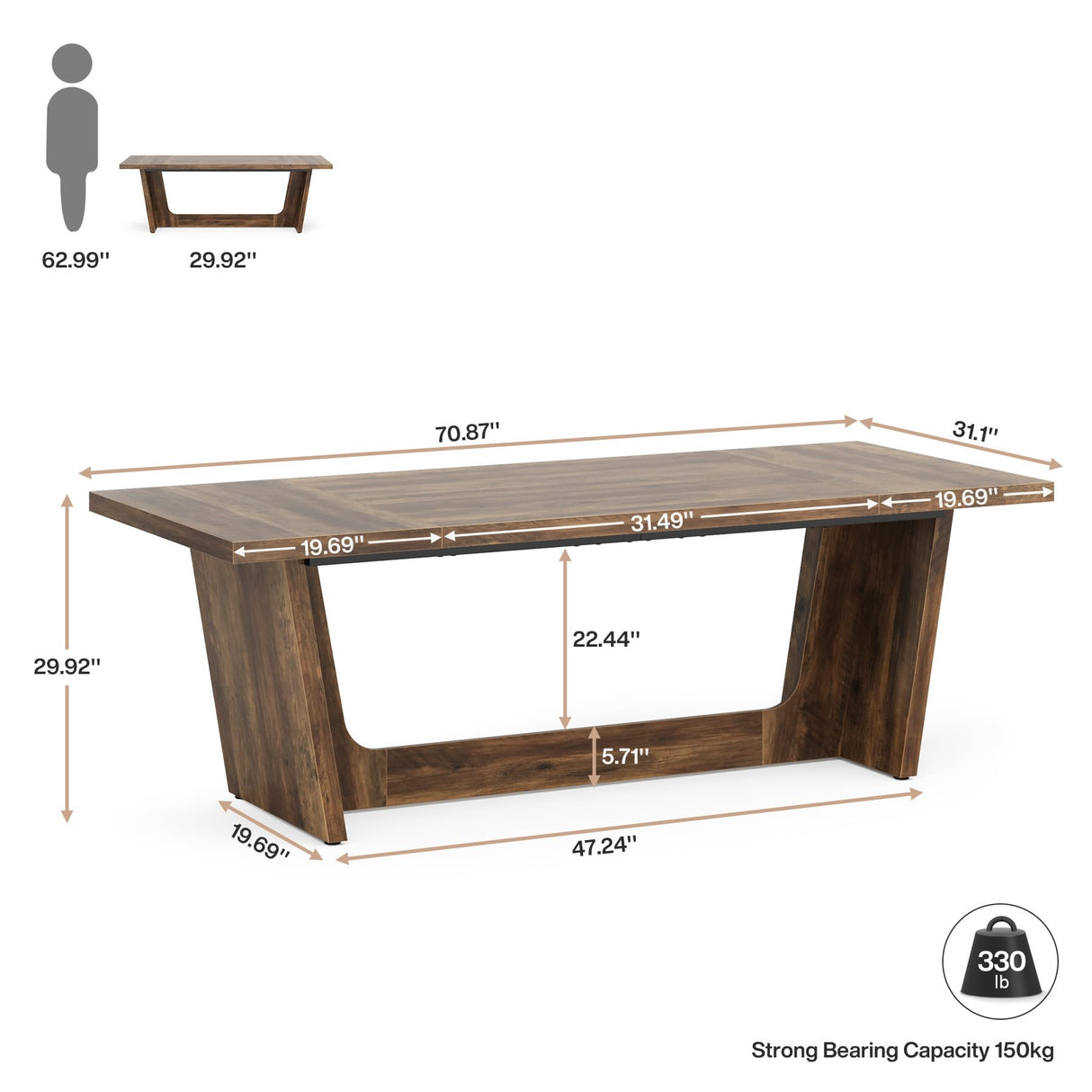 Tribesigns 70.87-Inch Executive Computer Desk: Large Home Office Desk with Solid Wooden Pedestal, Industrial Wood Study Writing Table, Workstation Business Furniture, Brown Tribesigns