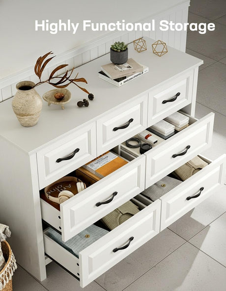 Marsail Farmhouse 7 Drawer Dresser, Wood Chest of Drawers with Natural Texture, Smooth Gliding Drawers, Versatile Storage Organizer Cabinet for Bedroom & Living Room, White Marsail