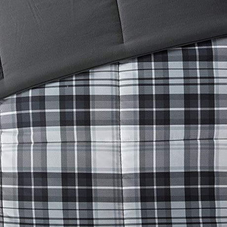 Madison Park Essentials Parkston Plaid Comforter, Matching Sham, 3M Scotchguard Stain Release Cover, Hypoallergenic All Season Bedding-Set, Full/Queen, Black, 3 Piece Madison Park