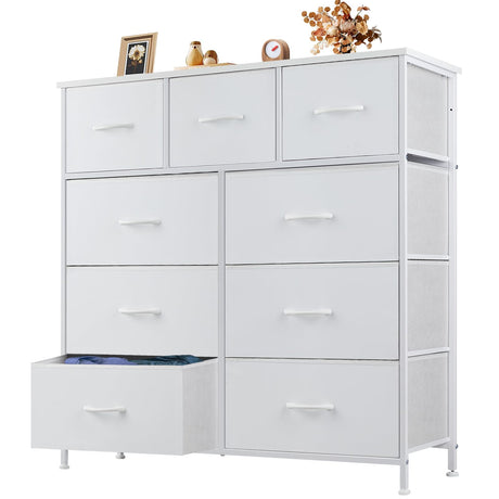 OLIXIS 9 Drawer Storage Dresser with Wood Top - Wide Fabric Chest Organizer for Bedroom, Closet, Living Room,Tower Cabinet, TV Stand, Hallway Entryway Furniture,Bright White OLIXIS
