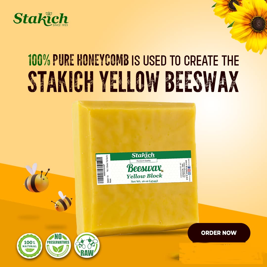 Stakich Yellow Beeswax Block - Natural, Triple Filtered - 1 Pound, Honey Scent Stakich