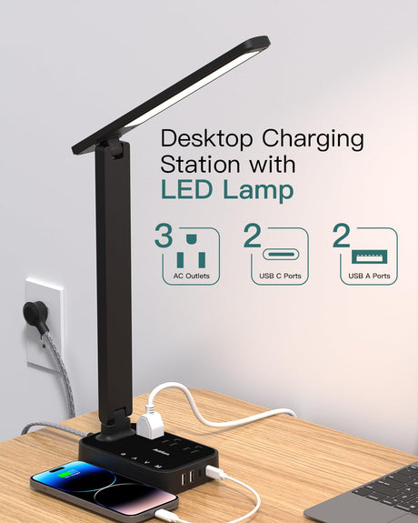 Addtam LED Desk Lamp, Power Strip with 3 Outlets 4 USB Charging Ports(2 USBC), 4 Modes 5 Level Brightness Touch Lamp, Small Desk Lamp for Home Office College Dorm Room Essentials Addtam
