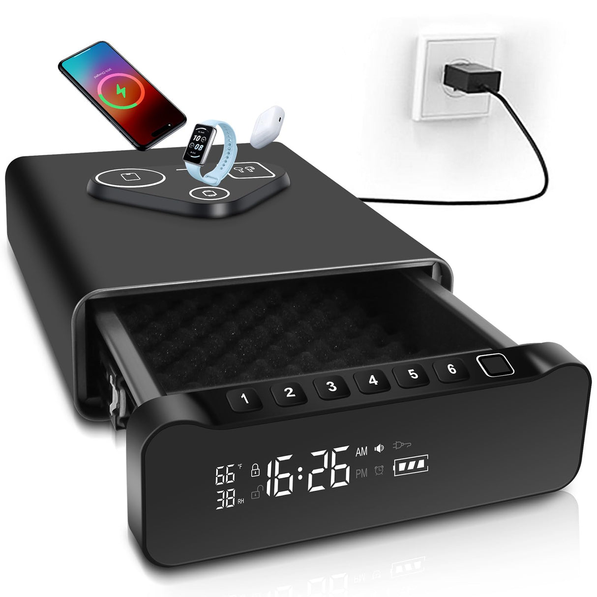 Fingerprint Biometric Gun Safe, Clock Handgun Safe with 3-in-1 Watch & Phone Wireless Charging, Drawer Lock for Hand guns, Cash, Valuables- with Humidity |Temperature| Alarm Clock| Time BBRKIN