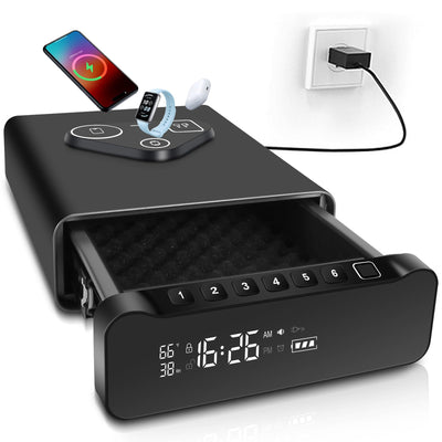 Fingerprint Biometric Gun Safe, Clock Handgun Safe with 3-in-1 Watch & Phone Wireless Charging, Drawer Lock for Hand guns, Cash, Valuables- with Humidity |Temperature| Alarm Clock| Time