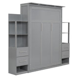 Ball & Cast Murphy Bed Cabinet Full Size,Wall Hideaway Bed with Shelves,can be Folded,Wood Foldable Frame W/Drawers and LED Lights,Slat Support,for for Apartment,Bedroom,Gray Ball & Cast