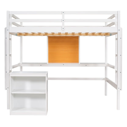 DEYOBED White Twin Loft Bed Frame with Desk, Cabinet, and Writing Board for Kids and Teens - WoodArtSupply