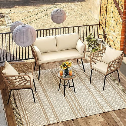 YITAHOME Wicker Outdoor Loveseat, All-Weather Patio Sofa for Balcony, Backyard, Pool, Porch, Deck, Outdoor Sectional Furniture Set with Table & Cushions - Beige - WoodArtSupply