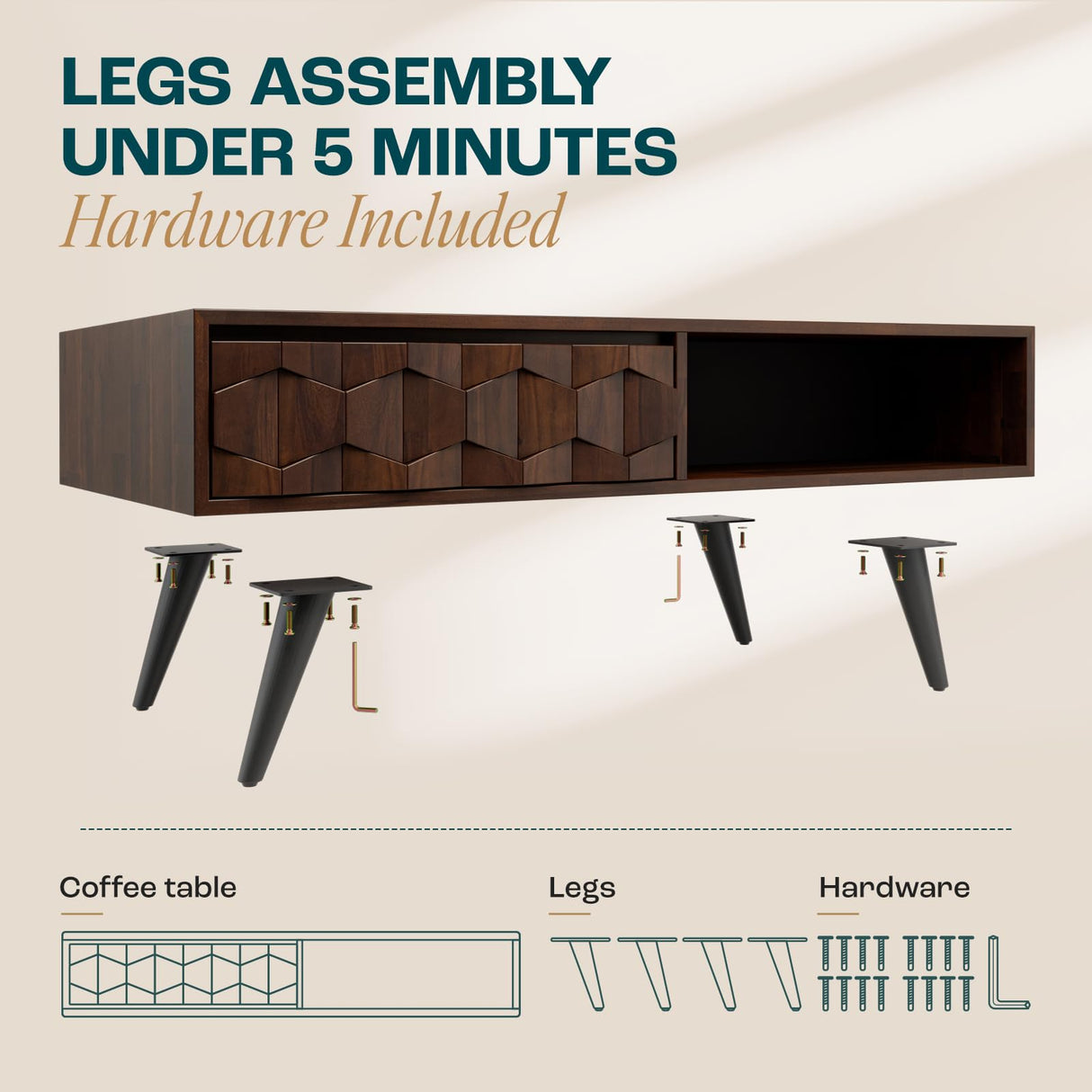 Bme Georgina Solid Wood Coffee Tables for Living Room, Coffee Table Mid Century Modern with 2 Symmetrical Storage Drawers & Geometric Details, Fully Assembled Center Table, Walnut Bme