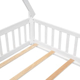 Full Size Teepee Tent Floor Bed with Guardrails & Door for Kids - White Wood Montessori Frame Bellemave