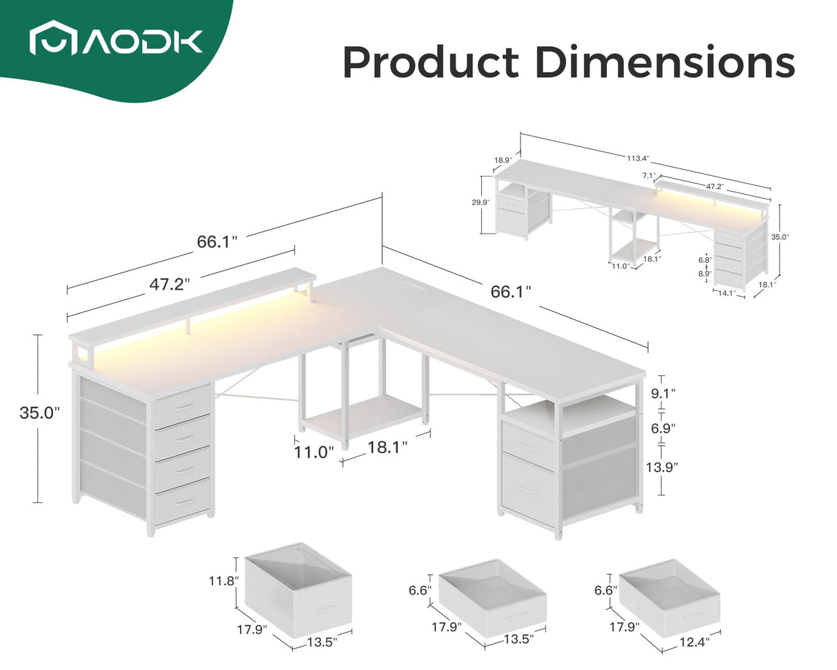 AODK 66" L Shaped Computer Desk, 113“ Reversible Home Office Desk with File Cabinet & 4 Fabric Drawers, Two Person Desk with LED Lights & Power Outlet, Corner Gaming Desk with Monitor Shelf, White AODK